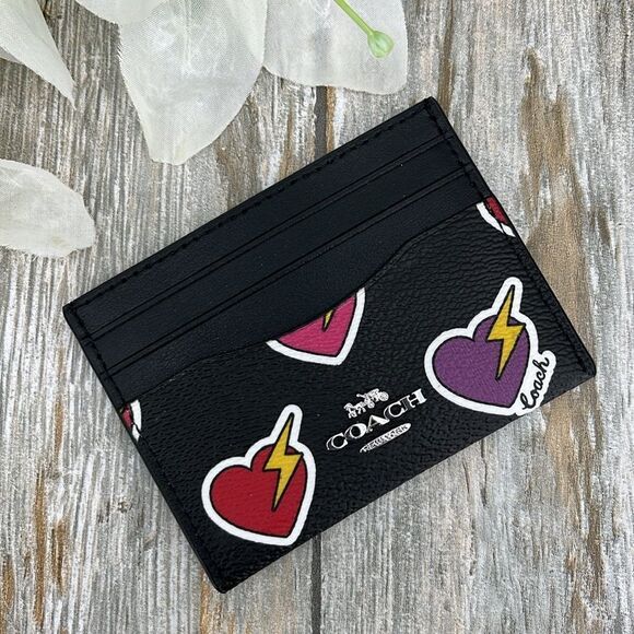 Coach Slim Id Card Case With Heart Bolt Print Wallet Bag Purse - Picture 1 of 10